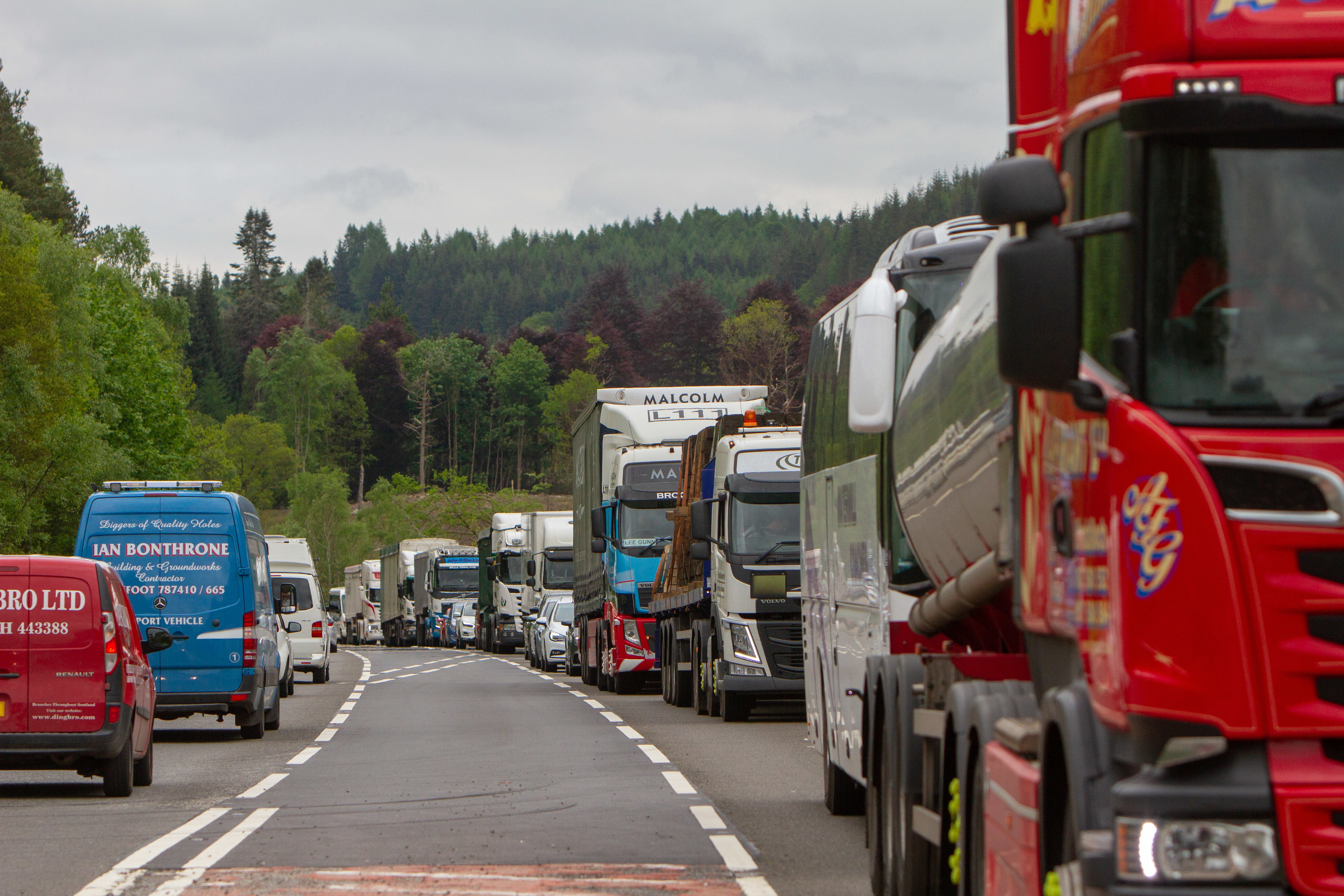 Stationary northbound traffic on the A9 dual carriageway near Dunkeld