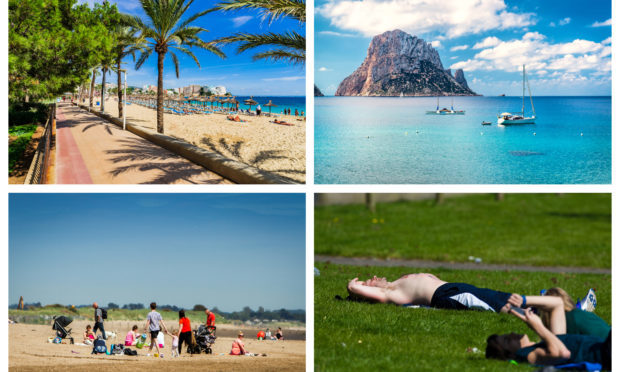 Magaluf (top left), an island off Ibiza (top right), Broughty Ferry Beach (bottom left) and Glasgow in the sun (bottom right).