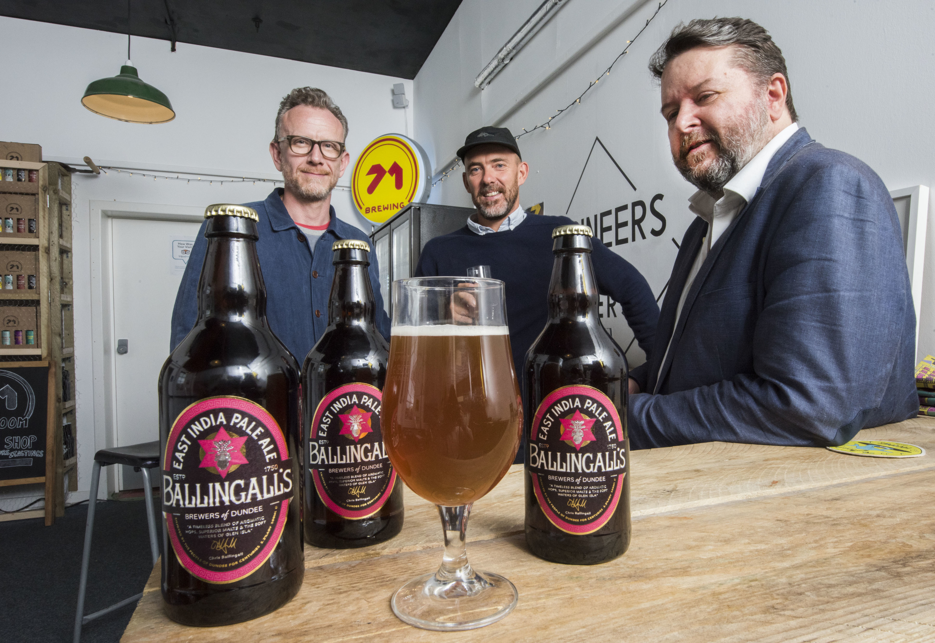 Brewer Duncan Alexander, 71 Brewing's Oliver Pilcher and Chris Ballingall try the new beer.