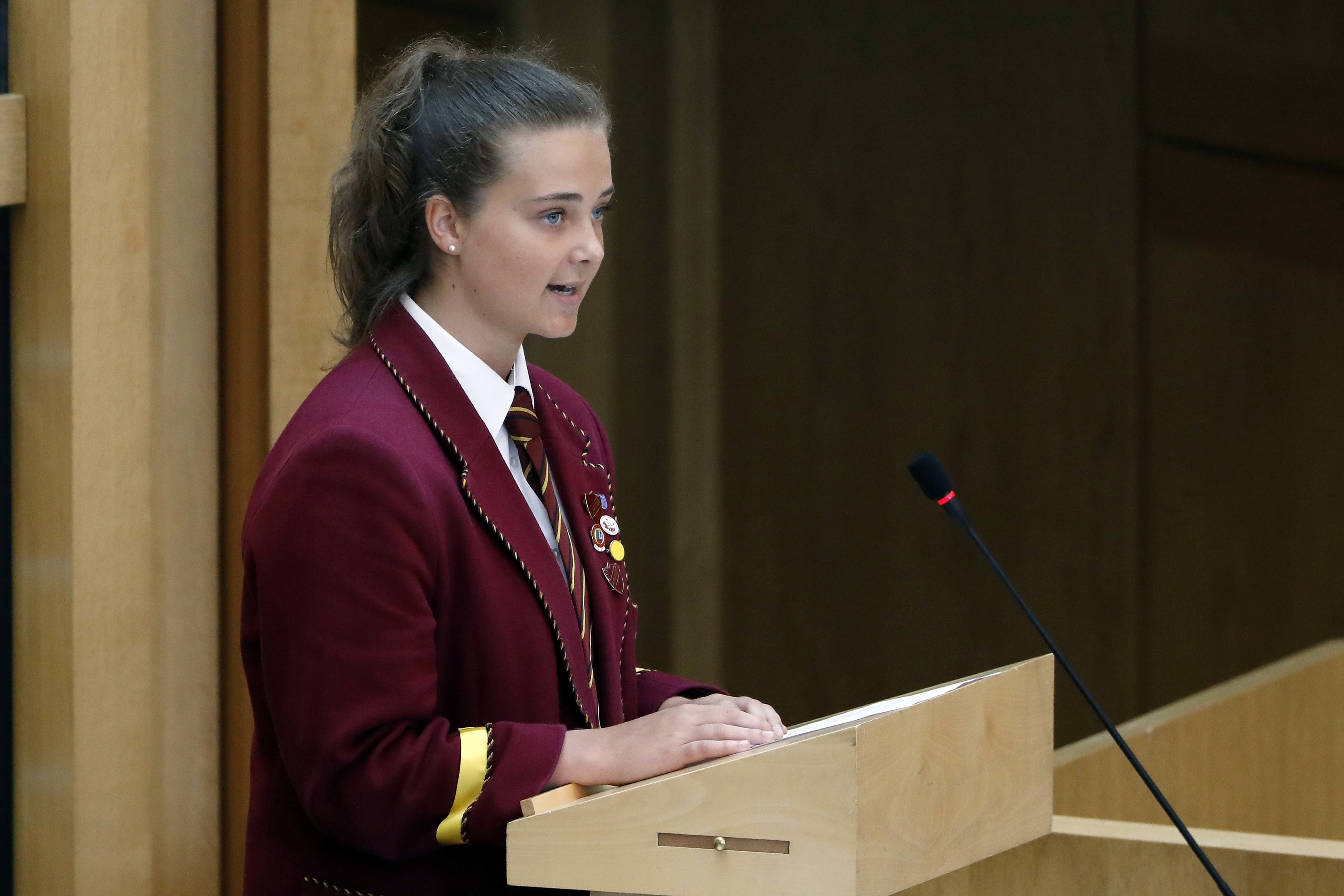 Abby Lang, head girl at Harris Academy in Dundee, delivers her Time for Reflection speech at the Scottish Parliament.