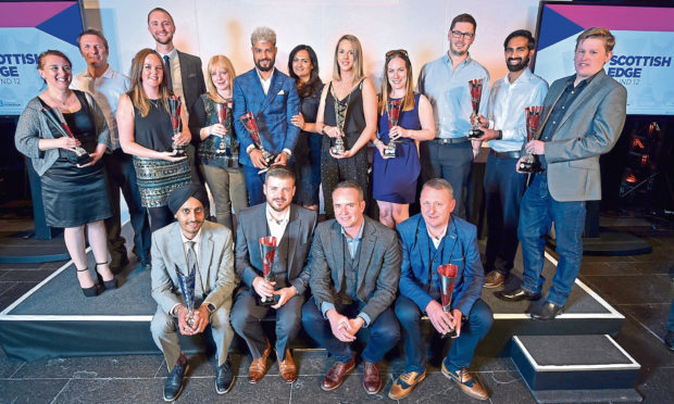 Some of the Scottish EDGE 2018 winners including (seated, centre front) Jamie Shankland, founder of Just Venue and Broker Insights chief executive Fraser Edmond.