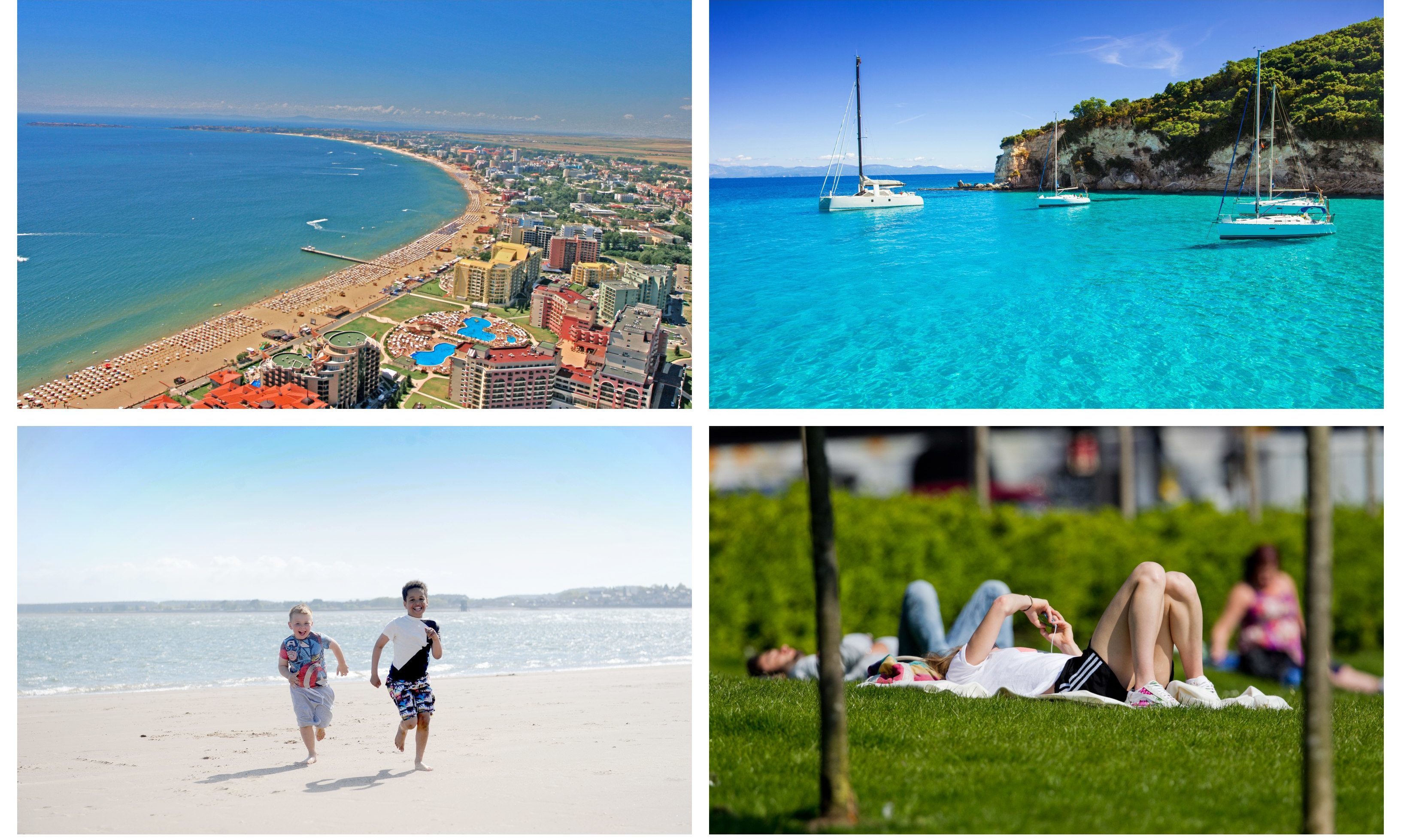 Scotland could be hotter than Sunny Beach, Bulgaria (top left) and Corfu (top right). Also pictured: Broughty Ferry beach (bottom left) and sunbathers in Glasgow  (bottom right).