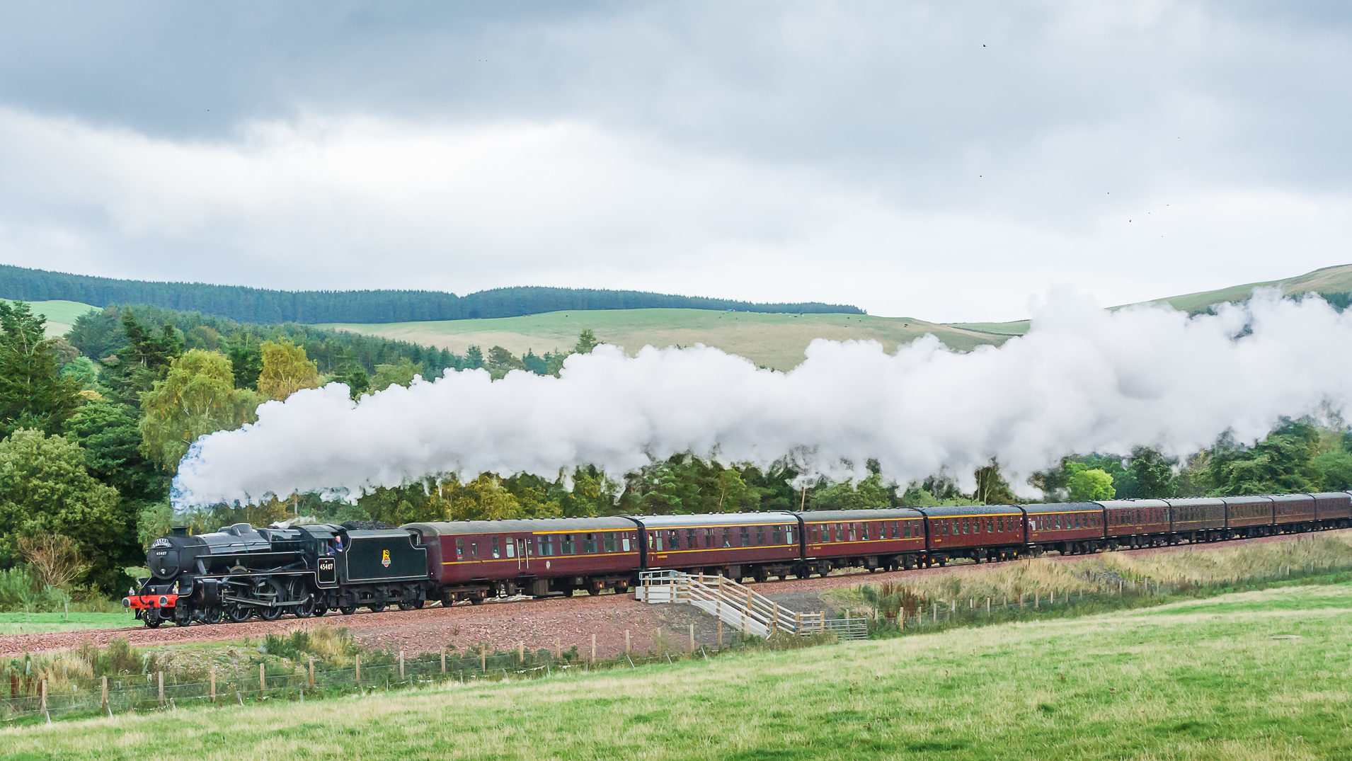 A Black Five Steam Train, The Lancashire Fusilier, travelling along the Borders Railway.