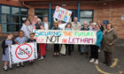 Letham locals protest outside Letham recreation Centre.