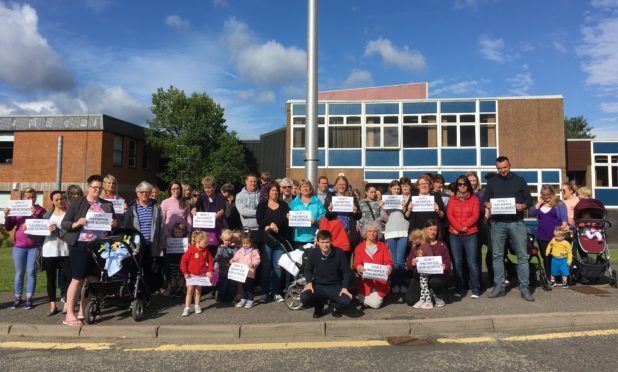 Campaigning parents demonstrate outside Pitlochry Primary School.