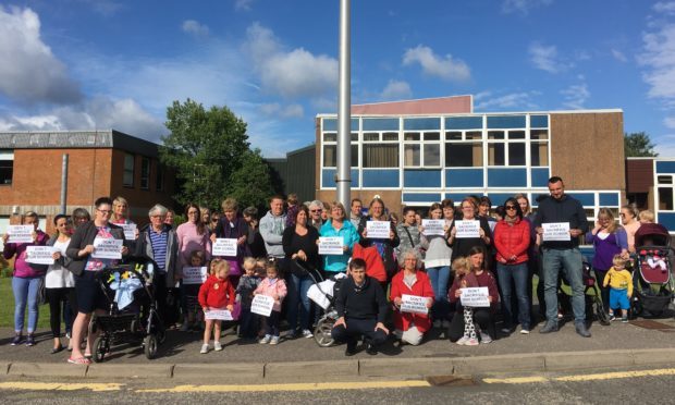 Protesting parents gather at Pitlochry School.