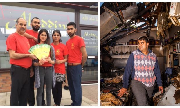 Staff at Alladins, left, and damage to the restaurant in 2016, right.