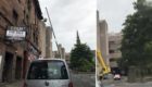 The taxi driver's images show the crane lifting a skip high in the air and near a road open to passing cars.
