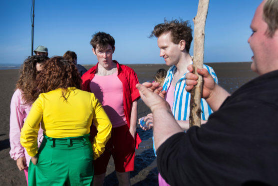 Performers on the mudflats at Tentsmuir durinf filming of Futureproof