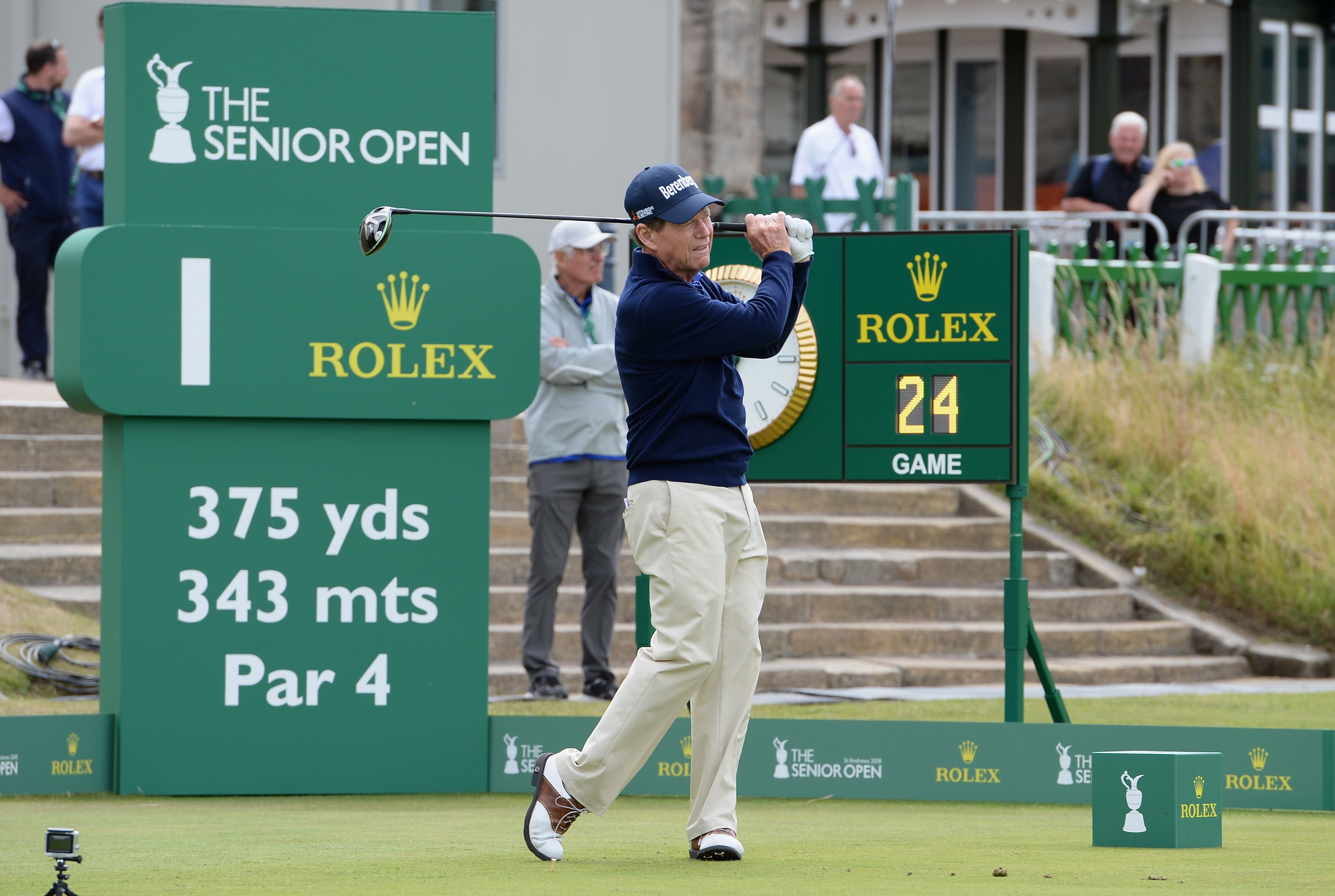 Tom Watson hits from the first in practice for the Senior Open at St Andrews.
