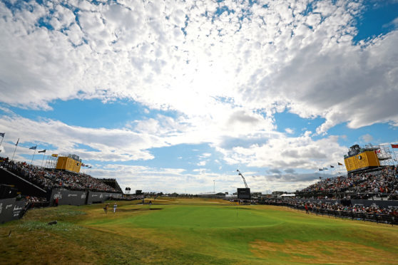 Courier News/Sport - Angus story - Open Golf Final. 
CR0002675
Picture shows; a wide view of the 18th green at the final round of the Open Championship at Carnoustie today. Sunday 22nd July 2018.