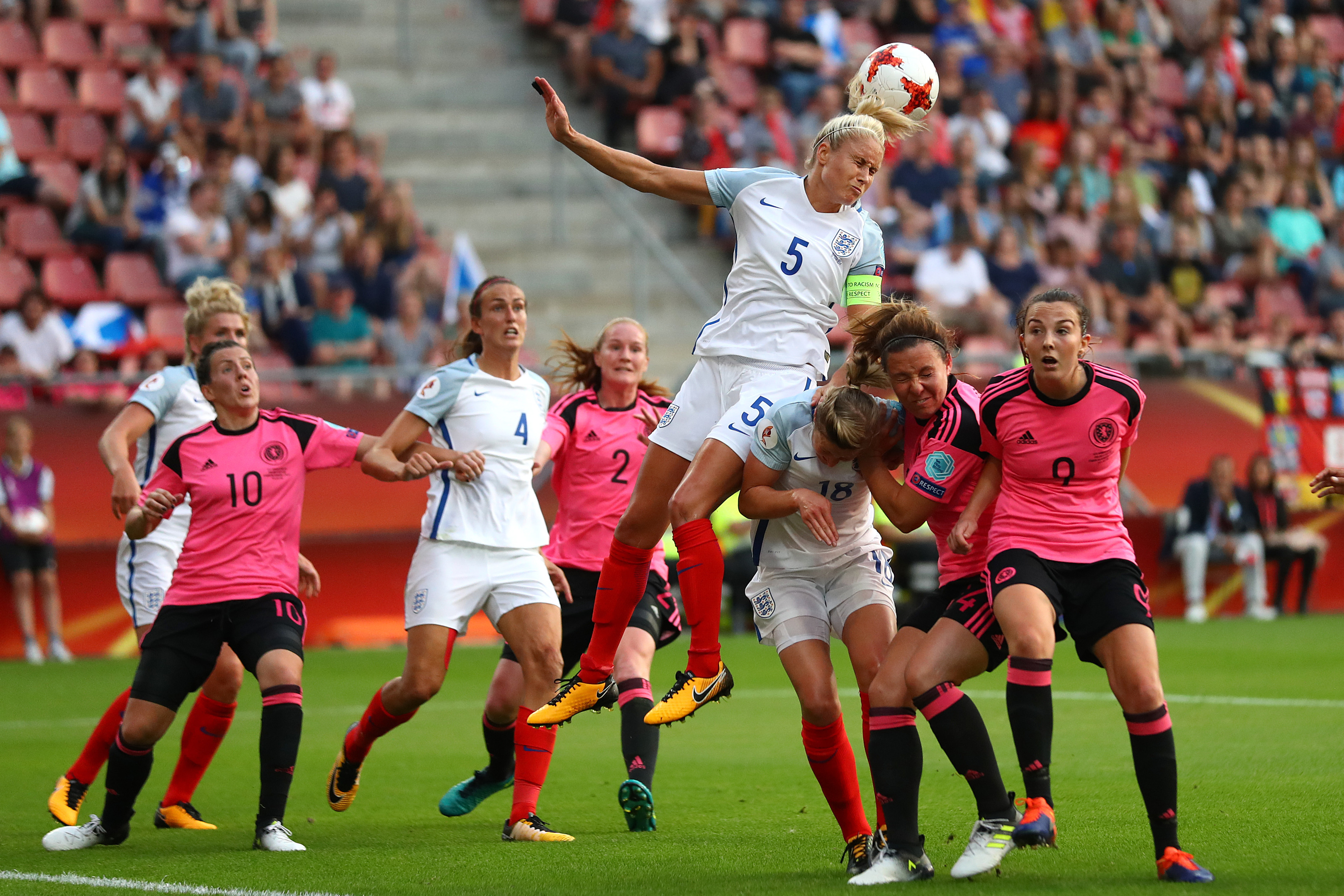 Steph Houghton of England clears the ball from danger during the UEFA Women's Euro 2017 Group D match between England and Scotland at Stadion Galgenwaard on July 19, 2017 in Utrecht.