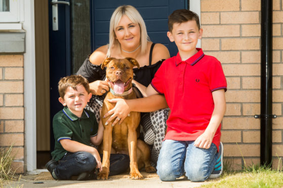 Clare Smith with her sons Flynn, 4, and Kiernan, 9, and Nala.