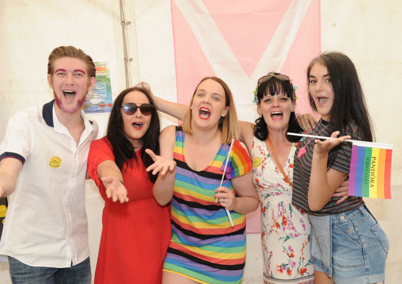Jordan Buchan, Sarah Doherty, Samantha Wood, Audrey Doherty and Melisa Francis at Fife Pride.