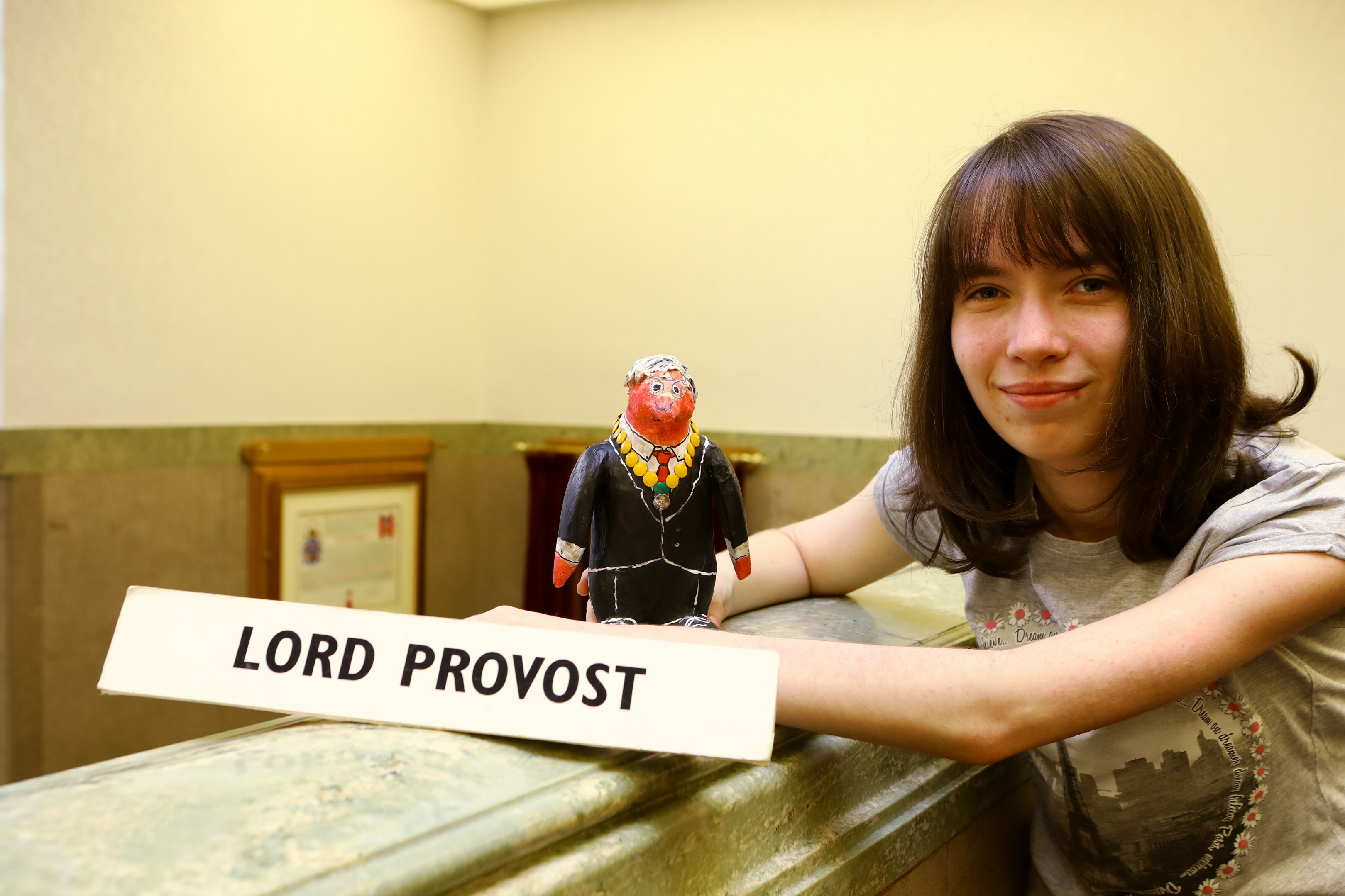 Chloe Townsend, 16, in the City Chambers with her Lord Provost Penguin, that she made for Lord Provost Ian Borthwick.