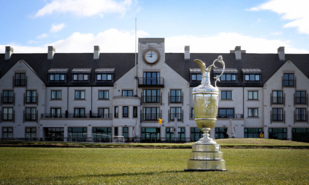 The Claret Jug in front of the club house ahead of The Open Championship.