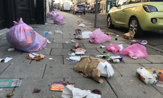 Mess left by gulls on bin day in George Street, Perth.