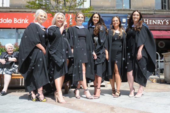 Molly Crombie, Amy Downie, Abigail Pass, Gemma Douglas, Brogan Laing and Abbie Rutherford celebrate graduating from Abertay University in 2018