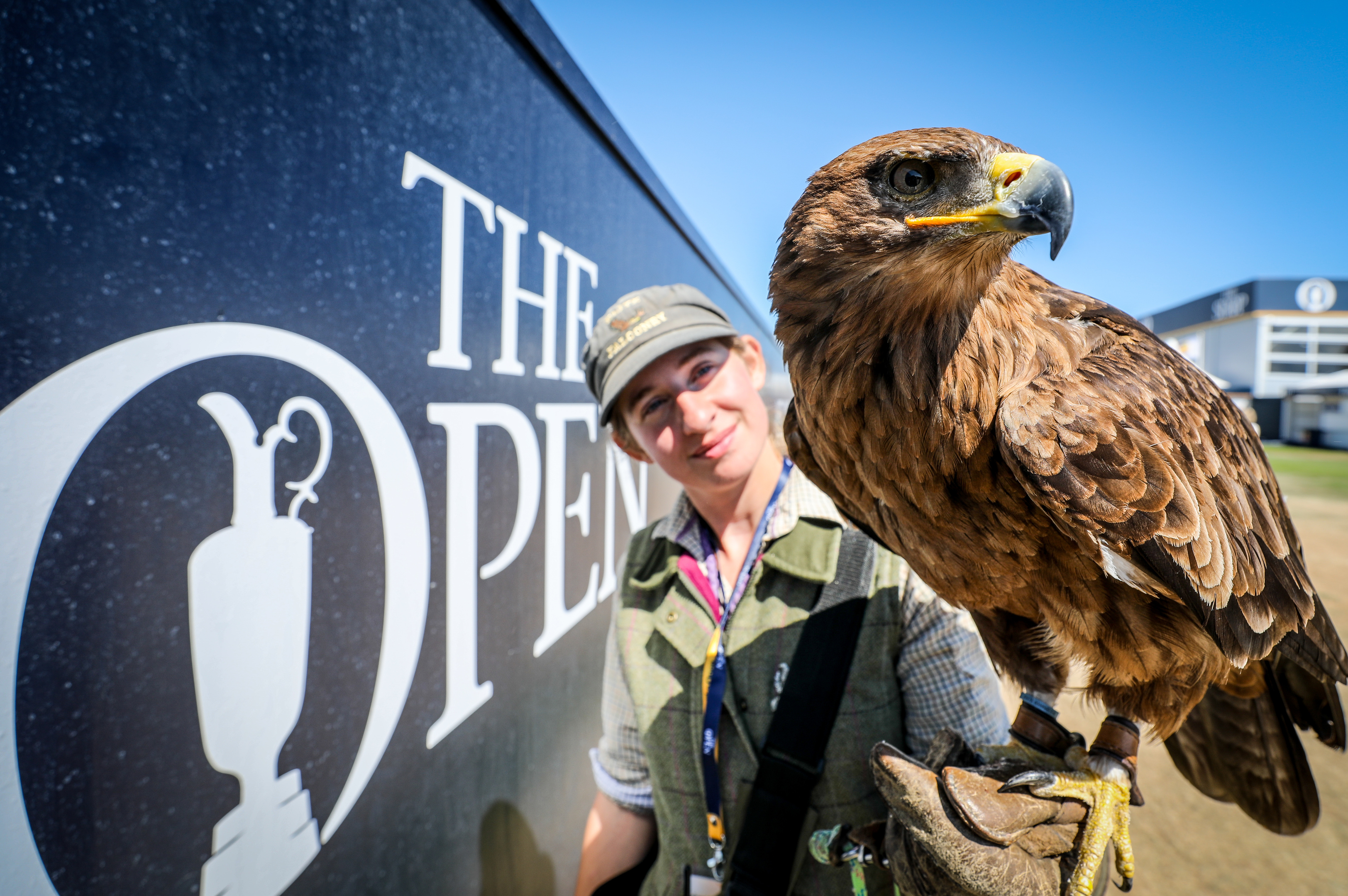 Rebecca McDougall with Fearnley the Tawny Eagle, both from Elite Falconry.