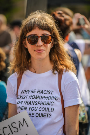 Jen Collins, one of the protesters against Donald Trump in City Square, Dundee. Friday, 13th July, 2018.