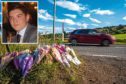 Flowers and messages left in tribute to Billy Haggart (inset) near the accident scene.