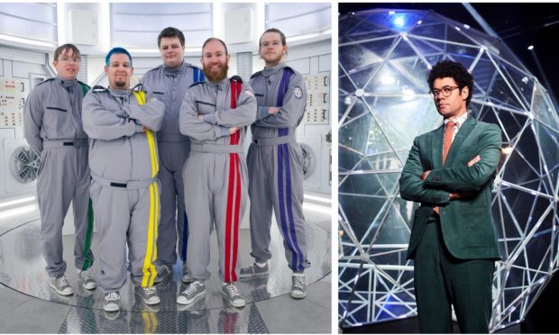 "The Gamers". From left: William Stephen, Martyn Shaw, Ross Gauld, Meil McGregor and Mathew Tosh. Right: Presenter Richard Ayoade.