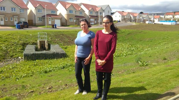 Residents Joanne Rankin, left, and Margaret Davidson beside SUDS pond.