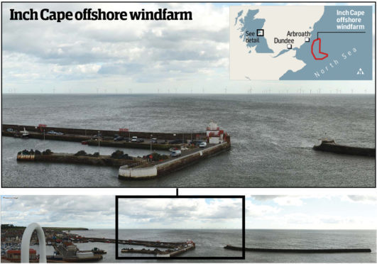 An impression of how the proposed Inch Cape array may look from the Signal Tower at Arbroath Harbour with, inset, a map showing the location of the Inch Cape development zone.