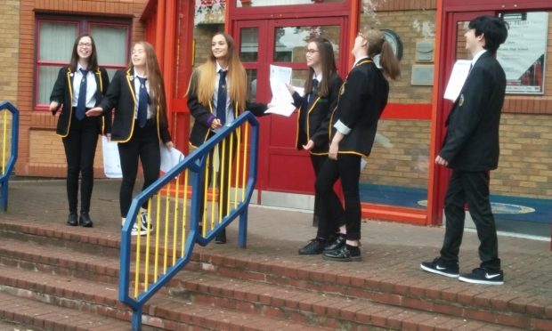 Pupils at Kirkcaldy High School after learning their results.