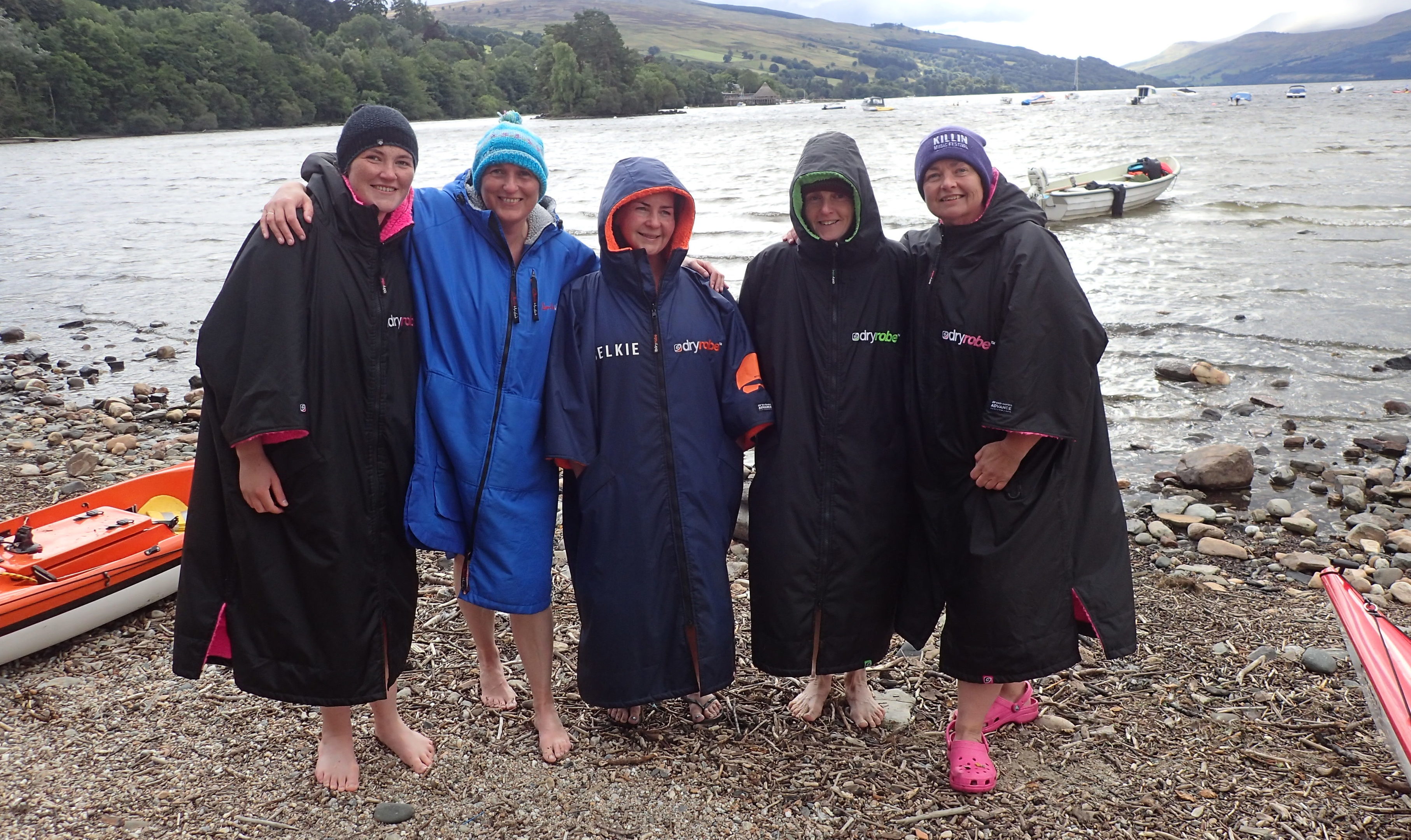 Liz Stevens, Helen Cole, Theresa Elliot, Ishbel Hayes and Angela Steel  at the end of their swim.