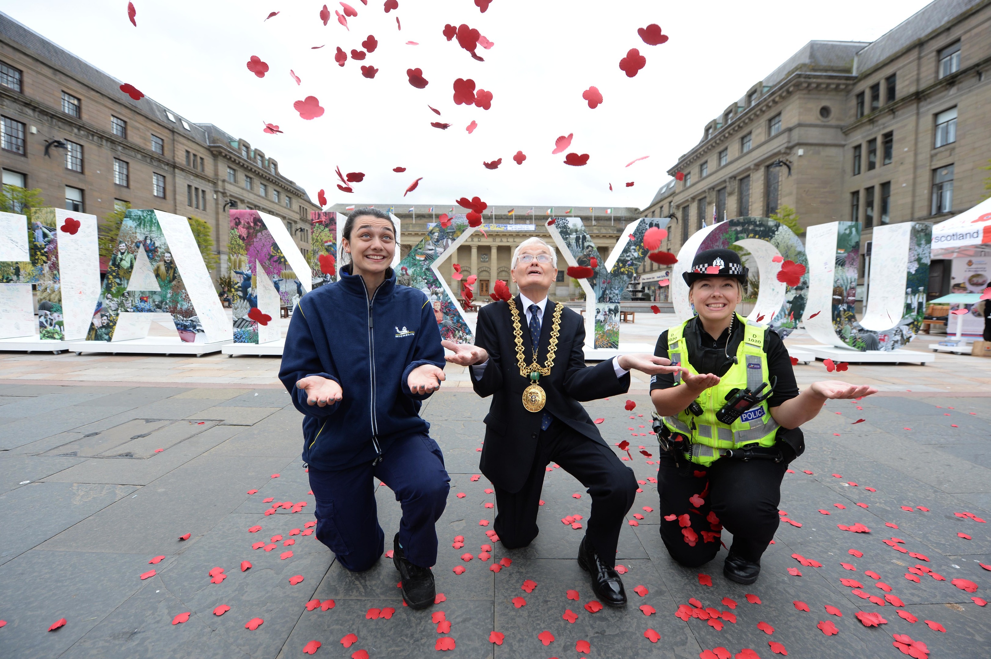 From left: Sarah King from Michelin, Lord Provost Ian Borthwick and PC Victoria O'Neil.