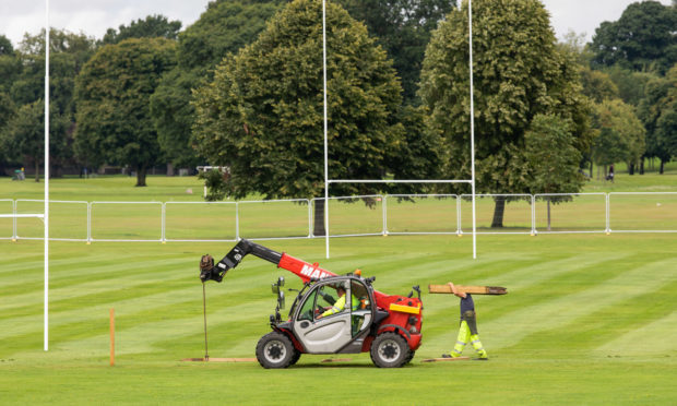 Work has started to erect the pop up stadium for the Glasgow Warriors rugby game in Perth.