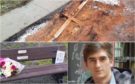 Top: The torched bench. Bottom left: How if looked before vandals struck. Bottom right: Ross McAndrew, who died in 2015.
