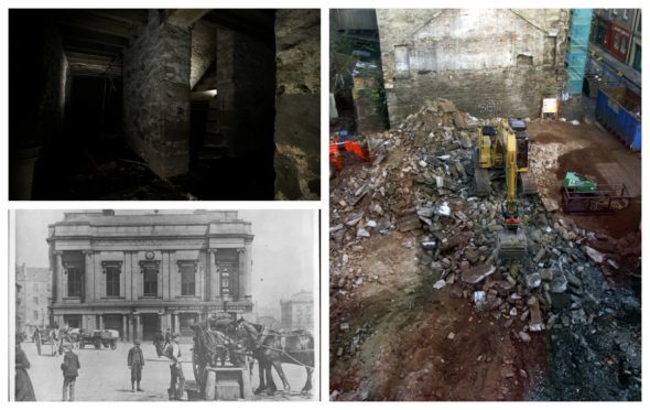 Right - The scene on the Exchange Street construction site on November 27 2000 when the vaults (top left) were first unearthed after some 250 years. Bottom left shows Dundee's Exchange Street area in days gone by.