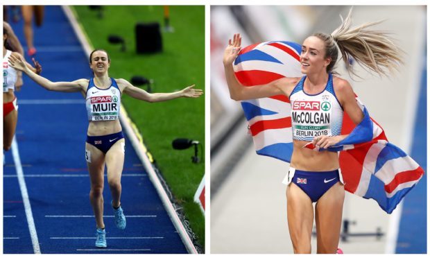 Laura Muir (left) and Eilish McColgan (right) celebrate their wins.