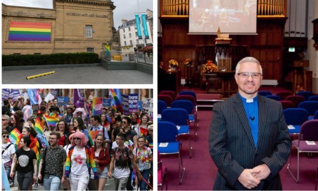 Rev Scott Burton, the Pride flag currently flying in Perth and a march in Glasgow earlier this year.