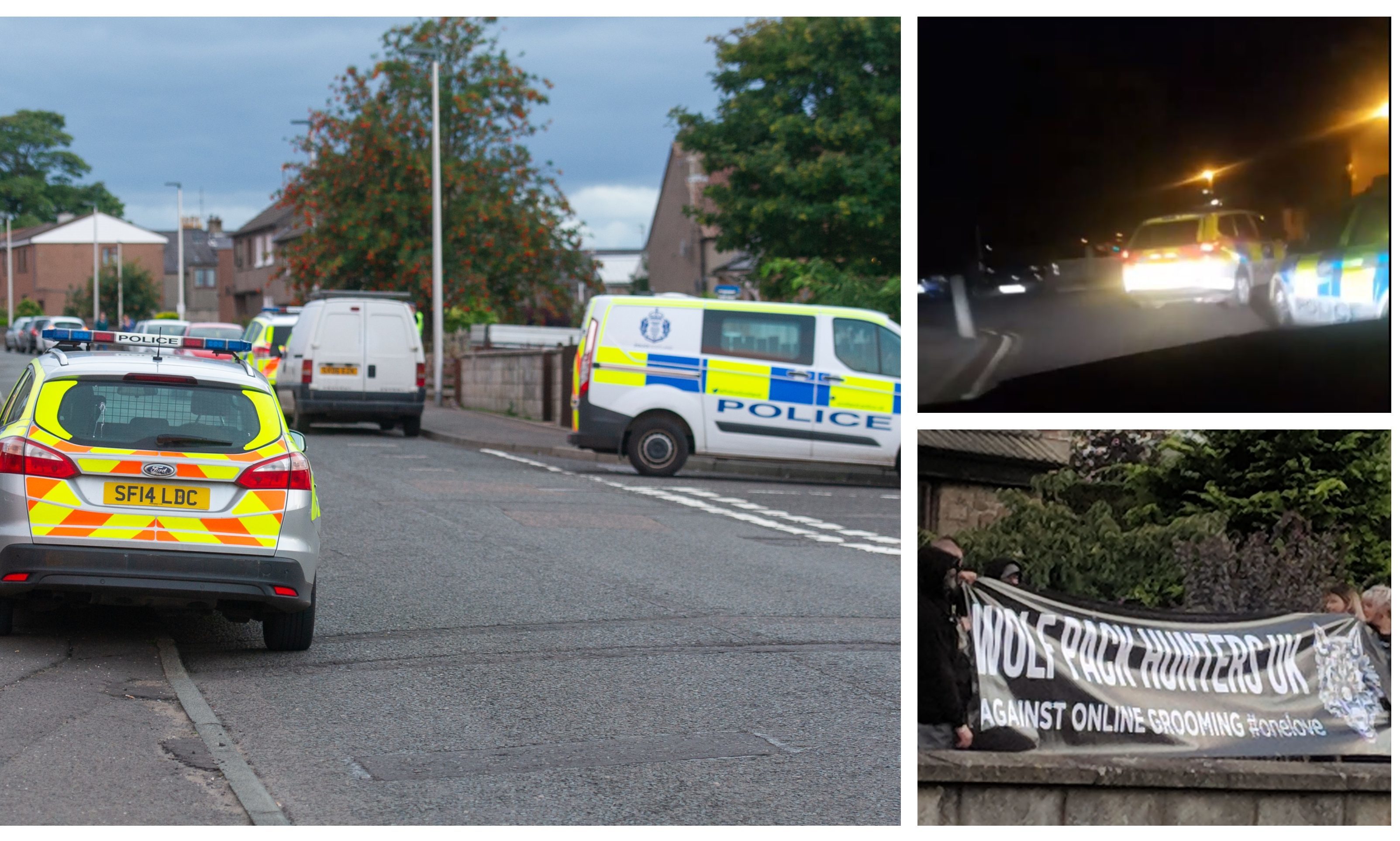 The scene in Forfar and a screen grab from a video posted by the group as officers escorted them out of the town.