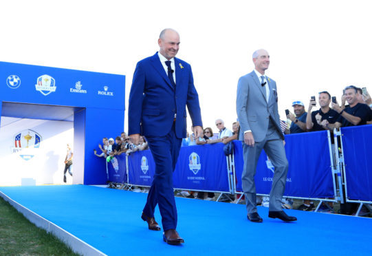 Captains Thomas Bjorn and Jim Furyk emerge at the opening ceremony for the 2018 Ryder Cup at Le Golf National.