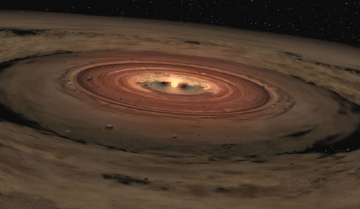 Artist’s impression of a very young star surrounded by a disk of gas and dust. Scientists suspect that rocky planets such as the Earth are formed from these materials