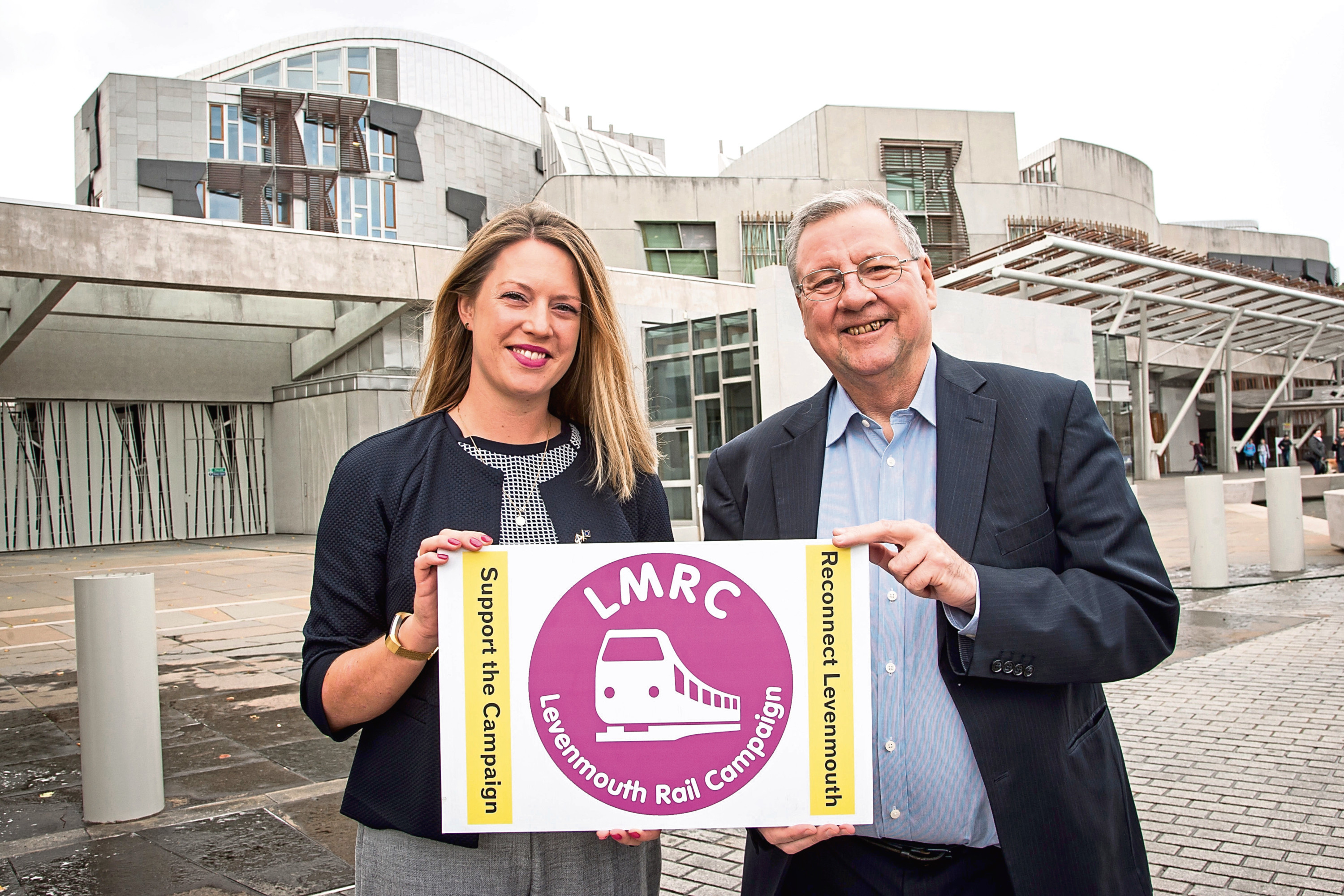 Jenny Gilruth MSP for Mid Fife and Glenrothes with Eugene Clarke, Chairman of Levenmouth Rail Campaign (LMRC) at the Scottish Parliament.