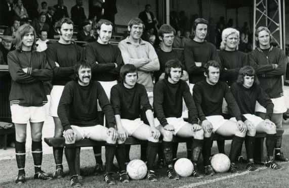 Jimmy Cant and John Fletcher pictured in the legendary 1973 team line up.  From left Reid, Milne, Rylance, Marshall, Murray, Carson, Fletcher, Donald; front, Sellars, Cant, Pirie, Penman and Yule.
