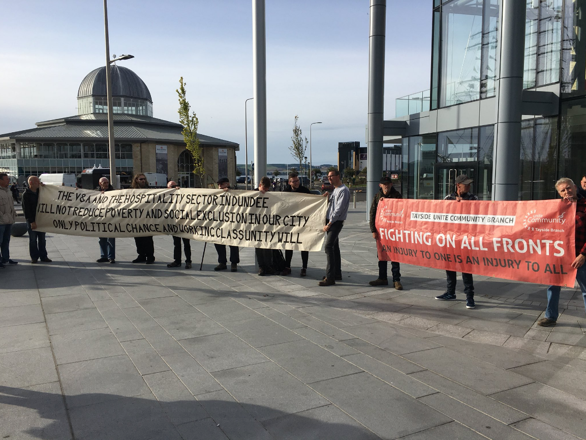 Unite the Community Tayside staged a protest outside the opening of the new V&A Dundee
