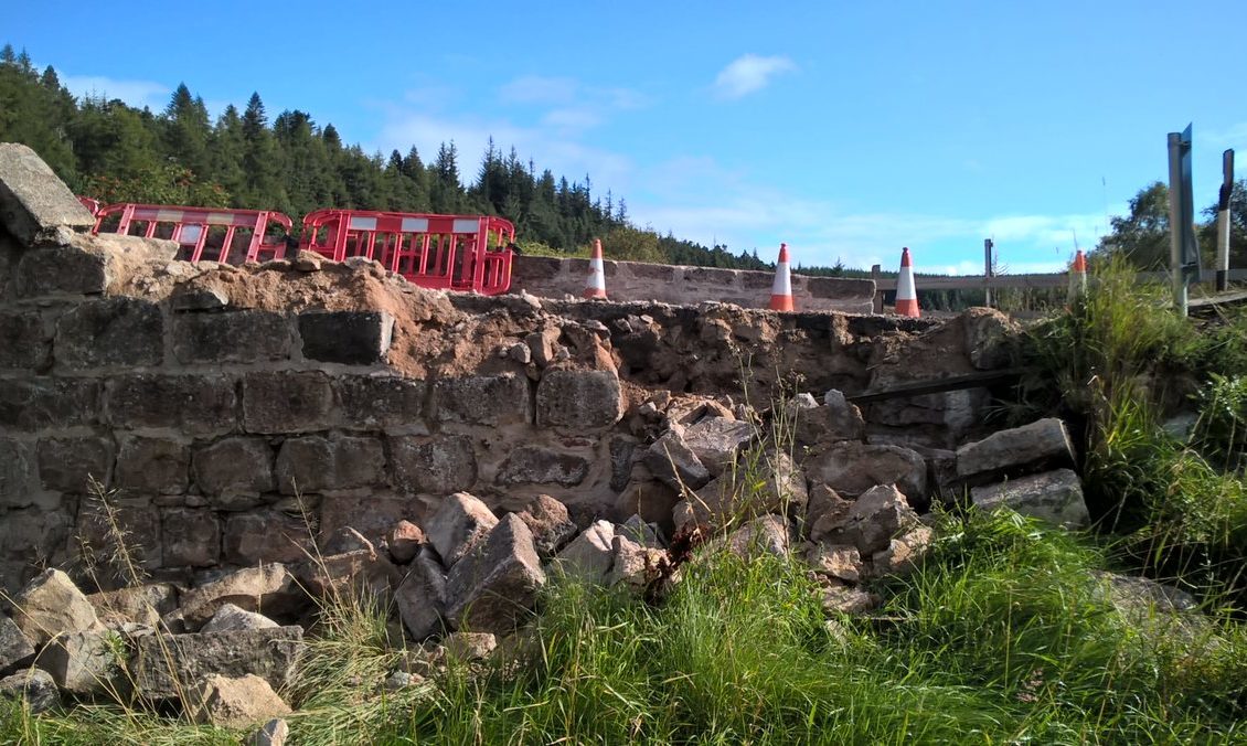 The damaged bridge on the Cairn O'Mount road.,