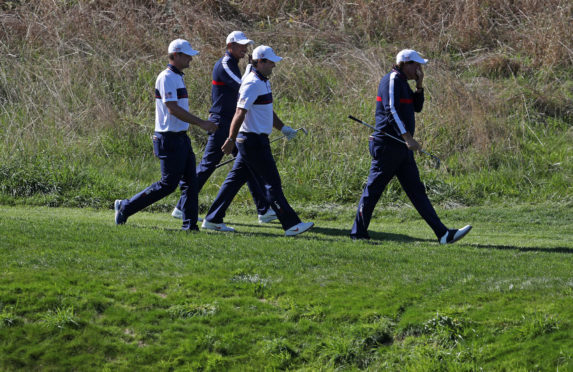 Bryson DeChambeau, Tiger Woods, Patrick Reed and Phil Mickelson (l to r) during the first day of practice at Golf National.