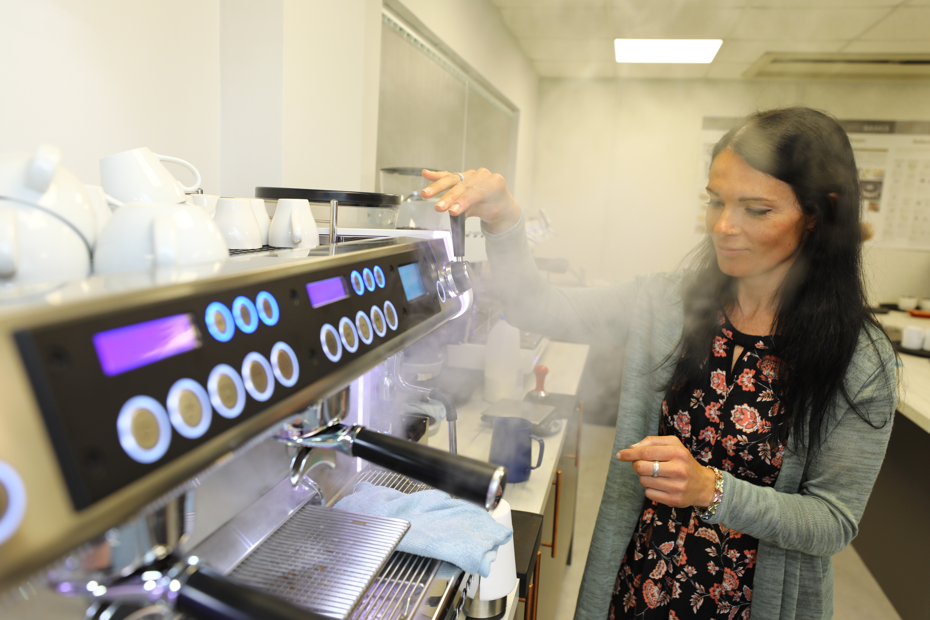 Gayle gets steaming, during barista training at the James Aimer Coffee Factory in Dundee.