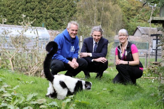 Course leader Chris Ditchburn, David Grant (SQA) and lecturer Kirsty Crouch with the park's Ruff Lemurs