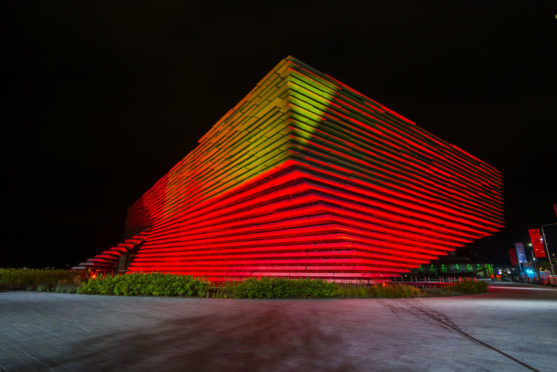 The V&A Dundee lit up in a test ahead of Friday night's light show.