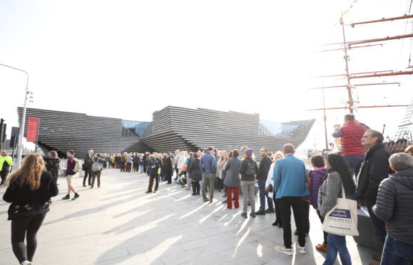 Lucky ballot winners queuing for their chance to see V&A Dundee on Saturday September 15