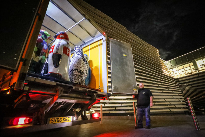 The penguins loaded and ready to leave after the auction in the V&A Dundee.