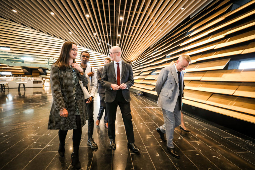 John Swinney MSP talking to people getting first public tour of V&A Dundee. Friday, September 14.